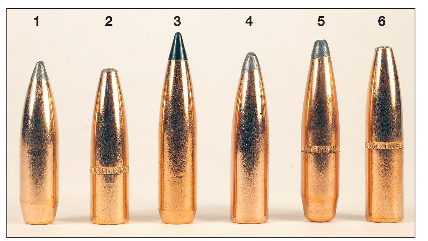 The 7mm bullets tested were the (1) Speer 145-grain boat-tail softpoint, (2) Speer 145-grain Grand Slam, (3) Swift 150 Scirocco II, (4) Speer 160 Hot-Cor spitzer, (5) Hornady 162 InterLock BTSP and (6) Speer 175 Grand Slam.